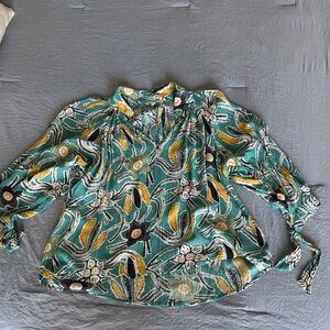 Christian Siriano Teal and Yellow Floral Blouse